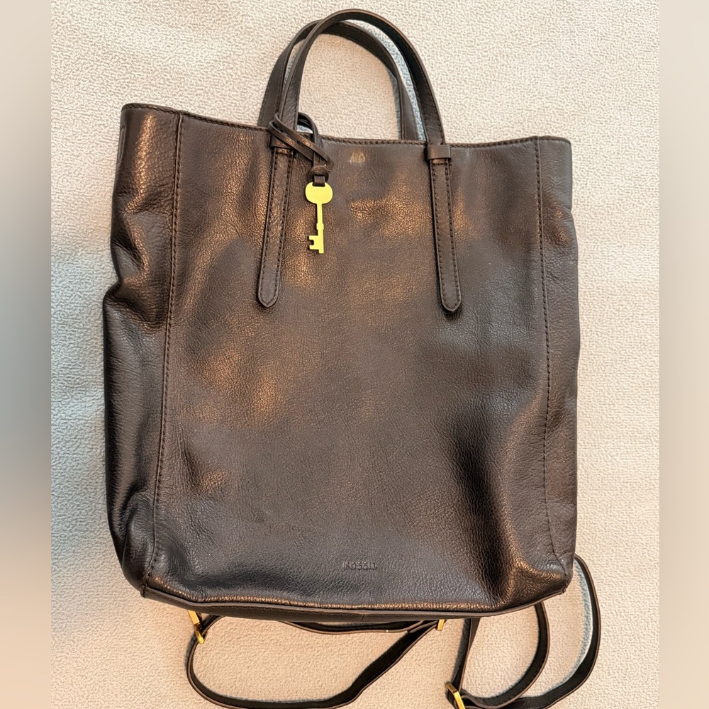 Fossil Black Leather Tote with Gold Key Charm